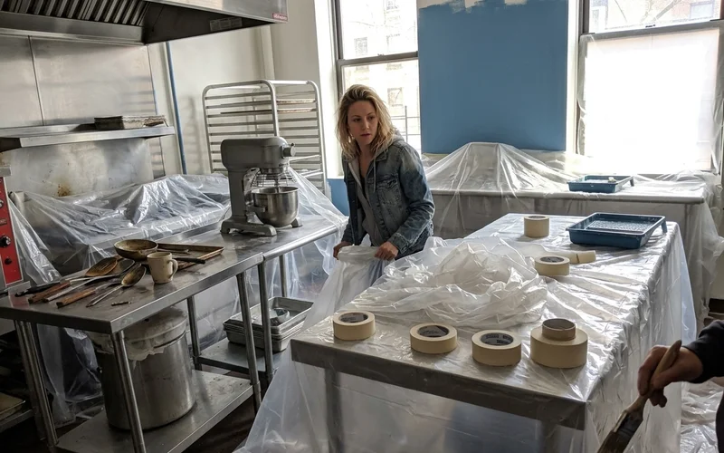 Back-of-house prep area with stainless equipment covered in plastic