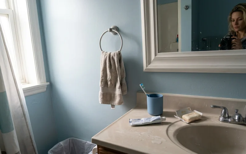 Bathroom with satin walls and semi-gloss trim around the vanity