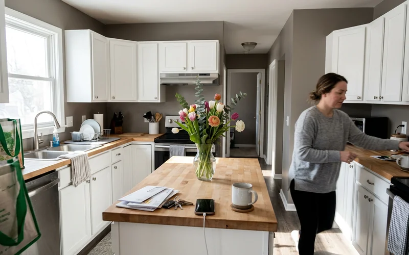Bright kitchen with newly painted cabinets staged for listing photos