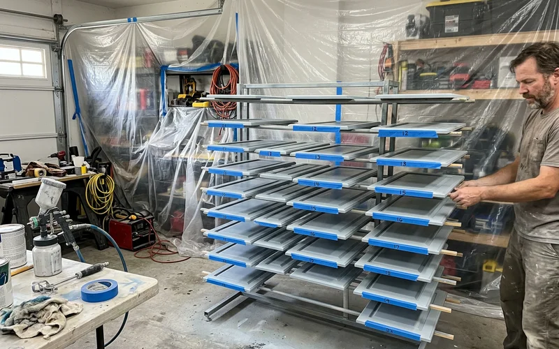 Numbered cabinet doors on a drying rack after spraying