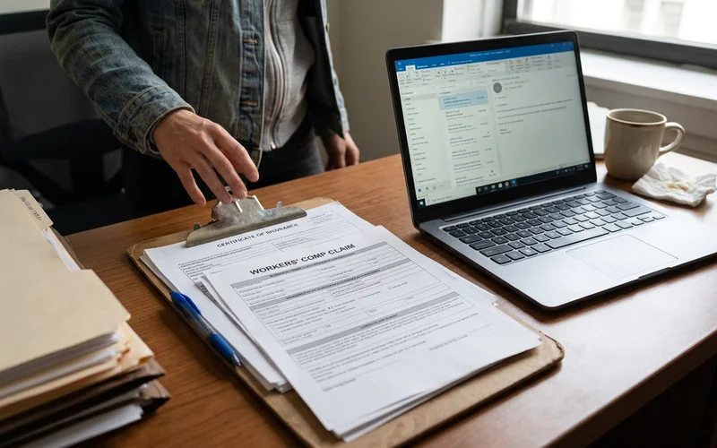 Certificate of insurance and workers' comp paperwork on a clipboard