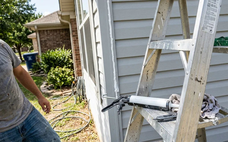 Fresh caulk bead along a siding joint with a caulk gun resting on a ladder step