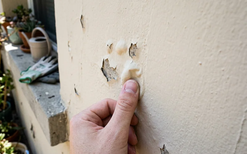 Blistered paint on a sunny exterior wall next to sound paint