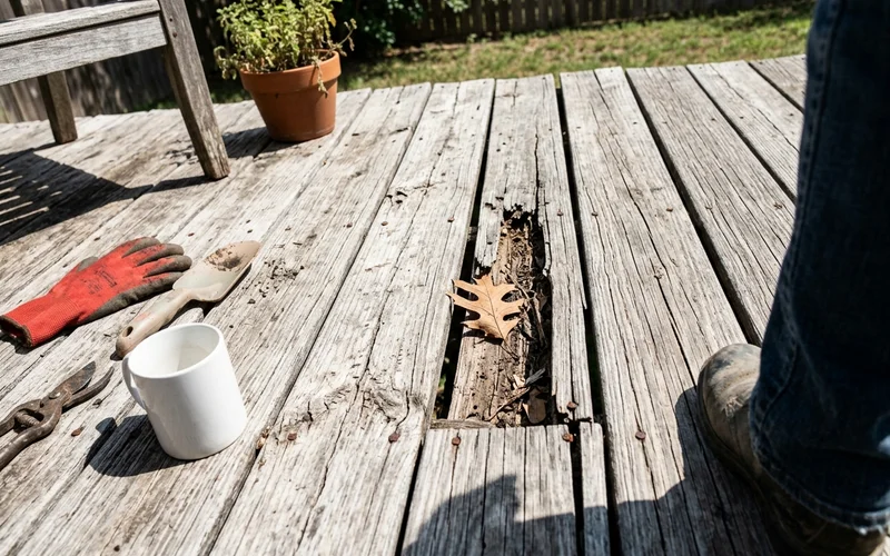 Gray, split deck board surface in harsh sun
