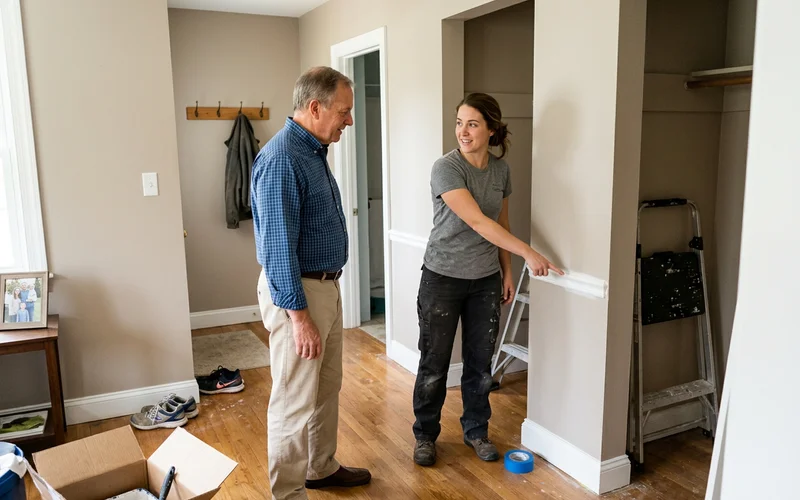 Crew lead and homeowner doing a final walkthrough in a freshly painted hallway