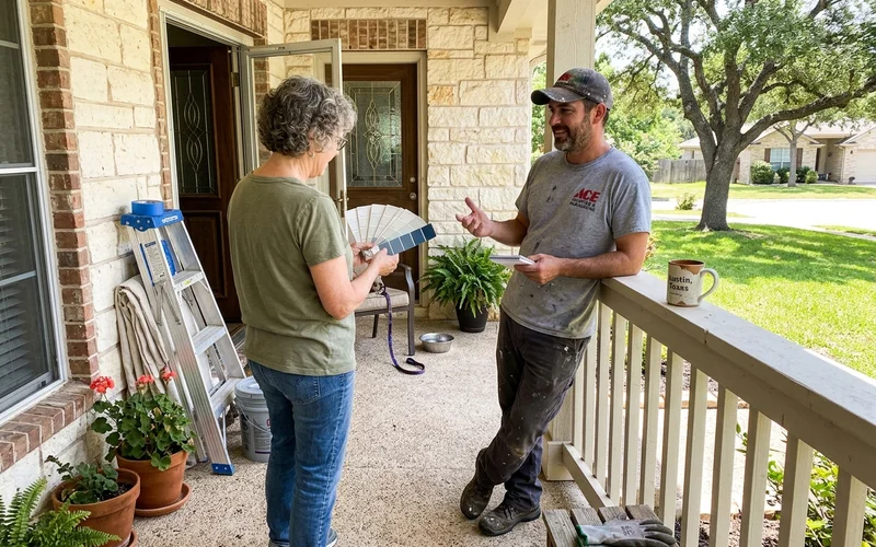 Crew lead and homeowner talking on a front porch with paint samples in hand