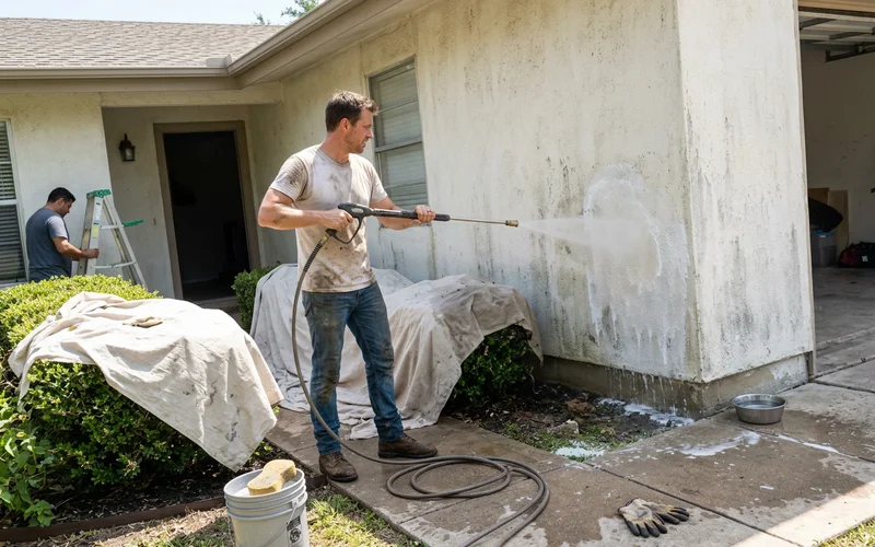 Bluebonnet Ridge crew member pressure washing a chalky Austin stucco wall before repainting