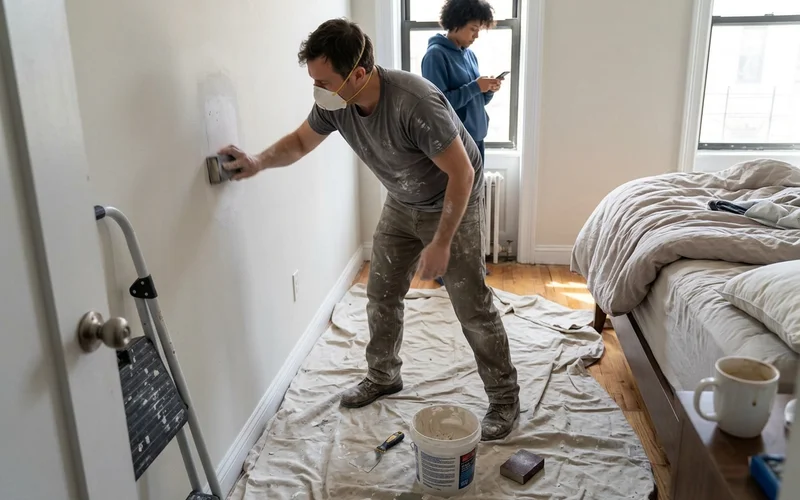 Crew member sanding a drywall patch before priming in an Austin home bedroom