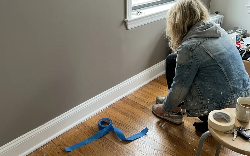 Crisp line between a freshly painted wall and white semi-gloss baseboard