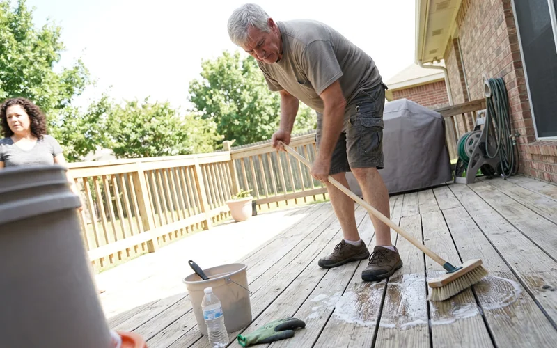 Scrubbing deck boards with wood brightener before staining