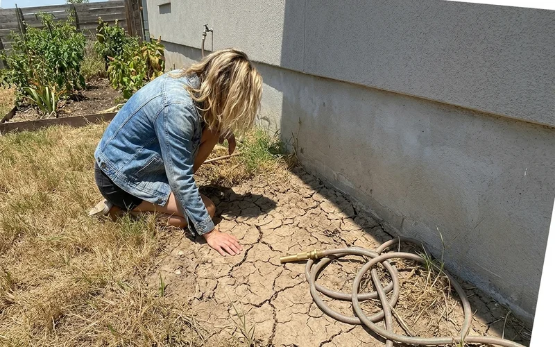 Dry cracked clay soil next to a home foundation in late summer