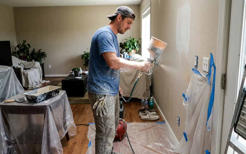Drywall worker spraying orange peel texture from a hopper gun onto a patch
