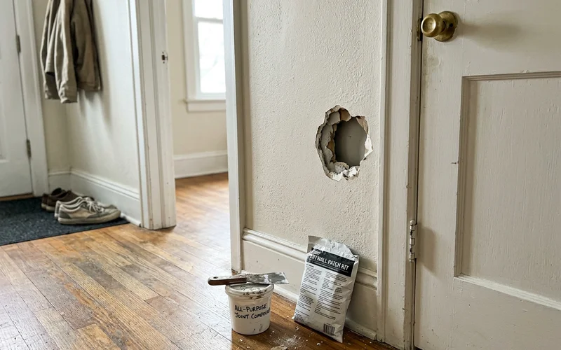 Fist-size hole in hallway drywall next to a doorknob with a patch kit