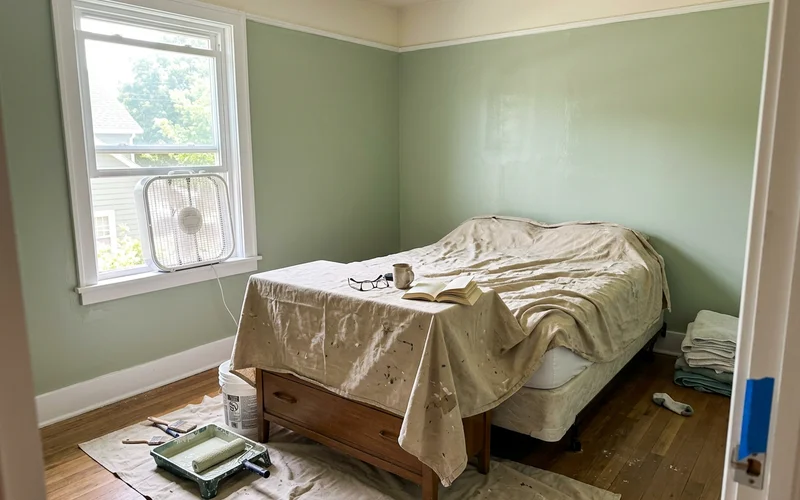 Freshly painted bedroom with furniture under drop cloths while paint dries
