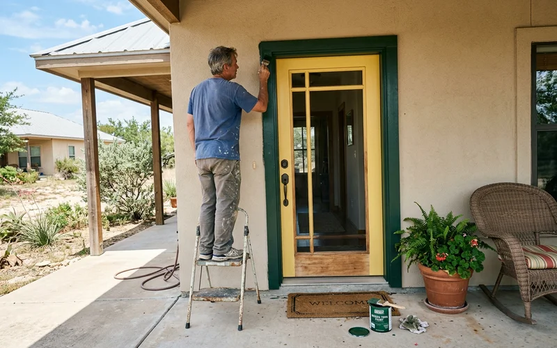 Front door and trim being repainted on a Texas ranch house
