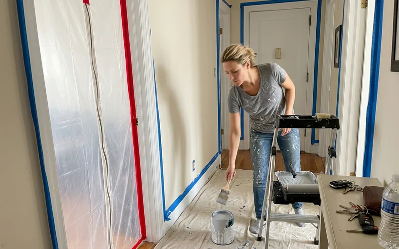 Hallway with masking tape on trim and plastic over a doorway mid-project