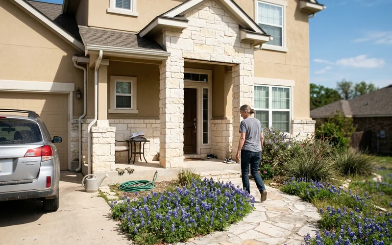Hill Country stucco home with limestone accents and fresh paint