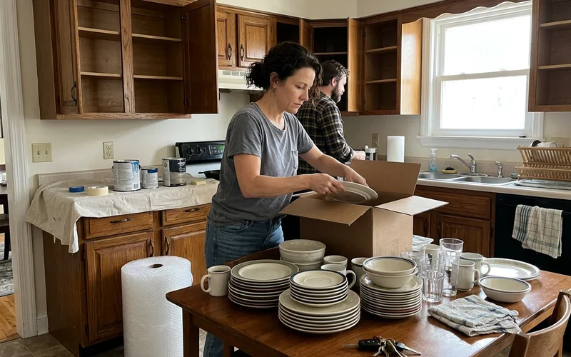 Homeowner emptying kitchen cabinets onto a dining table before painting