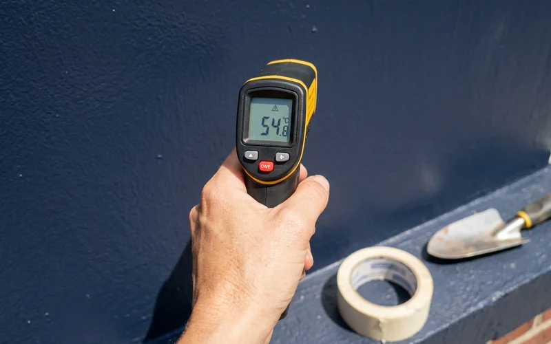 Infrared thermometer checking the surface temperature of a hot painted wall