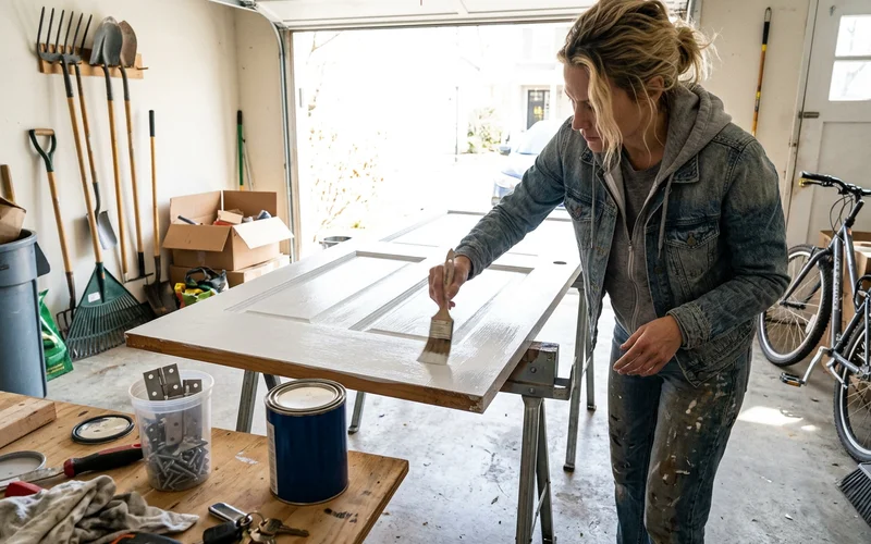 Interior door laid flat on sawhorses being brushed with white enamel