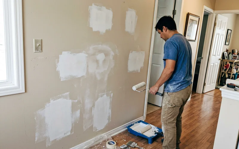 Interior wall with sanded drywall patches spot primed before painting