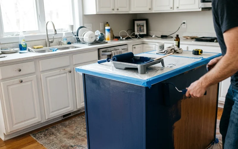 Kitchen island painted deep blue while perimeter cabinets stay white