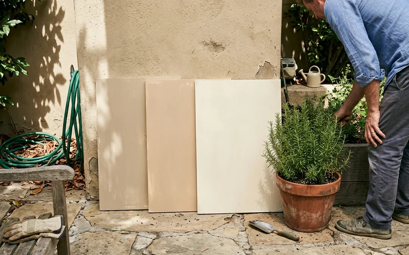 Large painted sample boards leaning against a sunny stucco wall