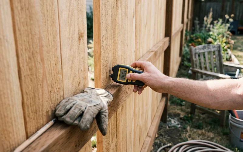 Moisture meter pressed against a new cedar picket