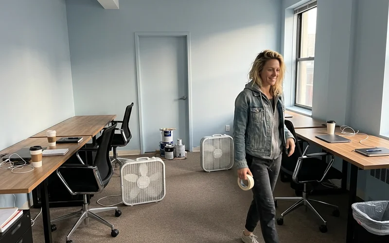 Office reset at dawn with chairs back at desks and fans running