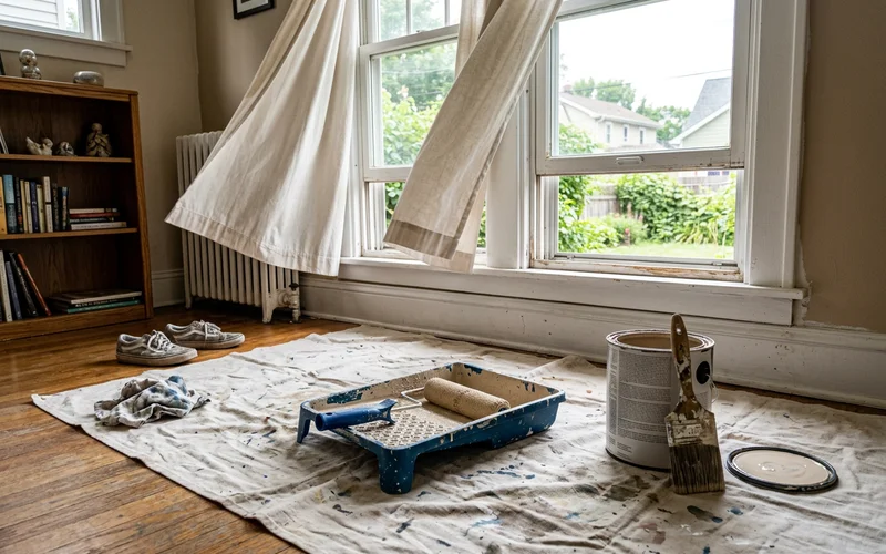 Open paint can and roller tray near an open window