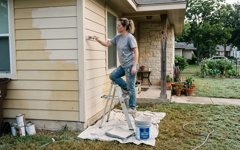 Painter applying light-colored acrylic paint to siding in early morning shade