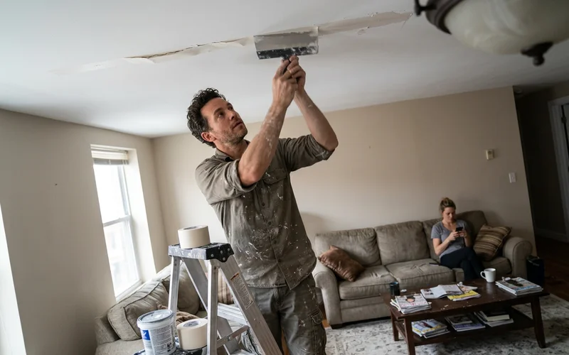 Painter embedding paper tape over a cracked ceiling joint