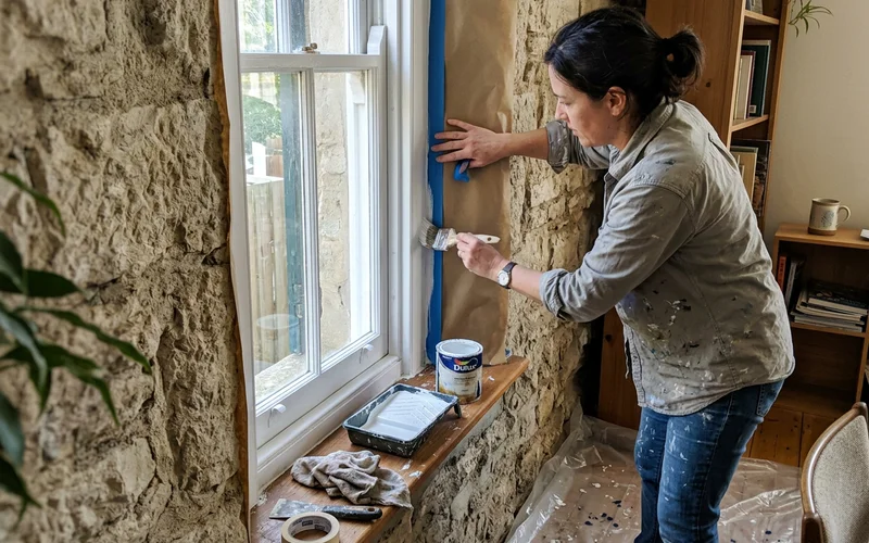 Painter masking limestone while cutting in window trim by hand