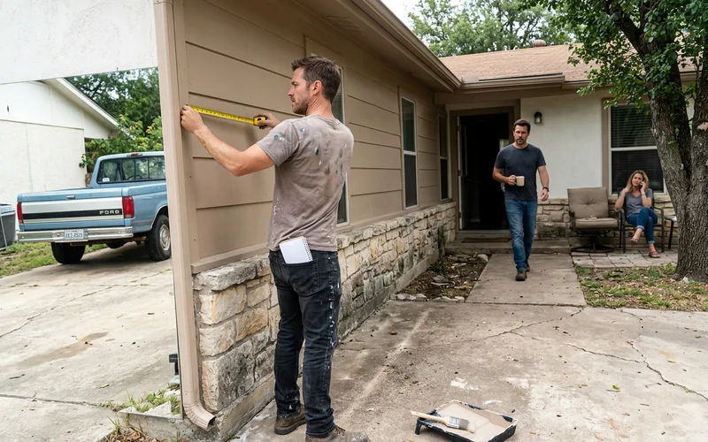 Painter measuring siding height on a single-story ranch house