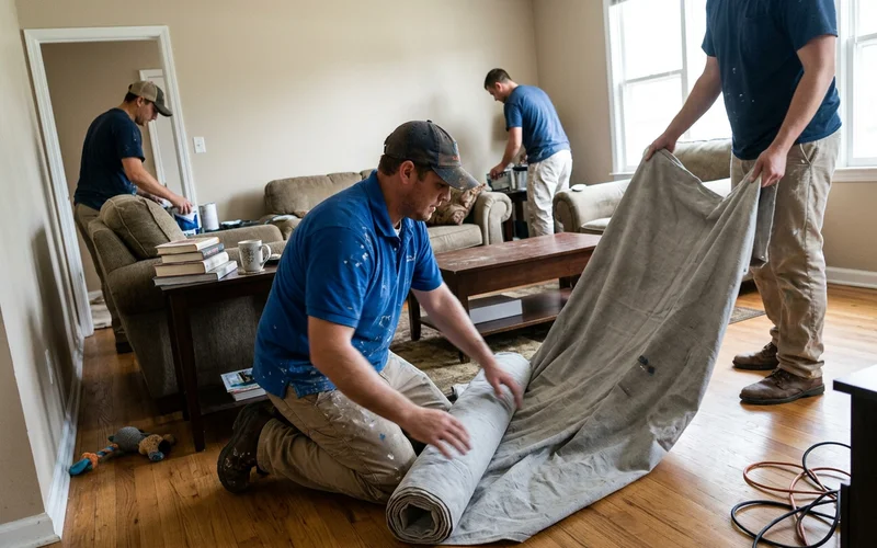 Painting crew in matching shirts laying drop cloths in a living room