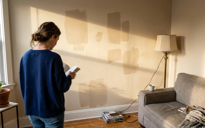 Patchy touch-up marks visible on a living room wall in raking light