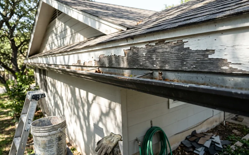 Peeling paint and bare wood on a fascia board under the roof edge