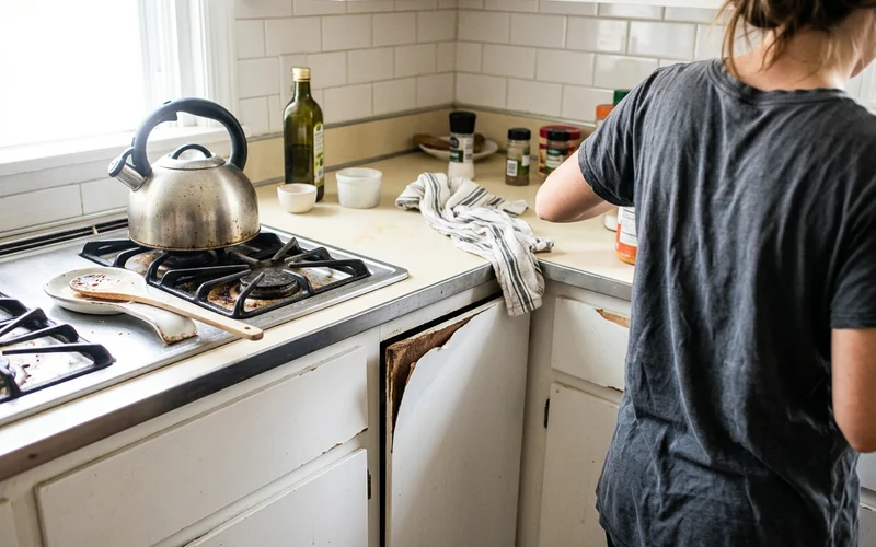 Peeling thermofoil cabinet door edge lifting near a stove