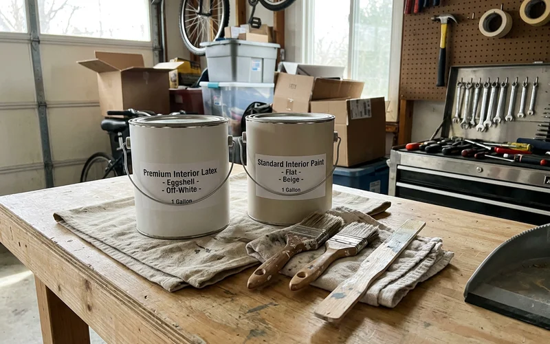 Premium and standard paint cans side by side on a garage workbench