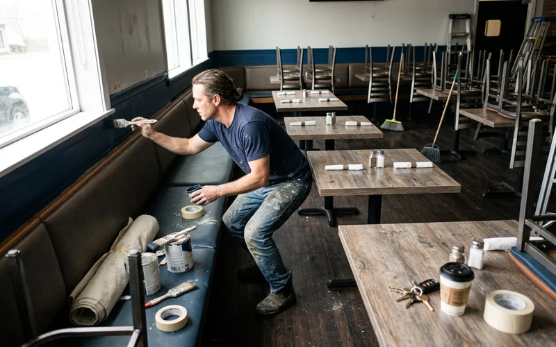 Restaurant dining room after close with chairs stacked and a painter at work