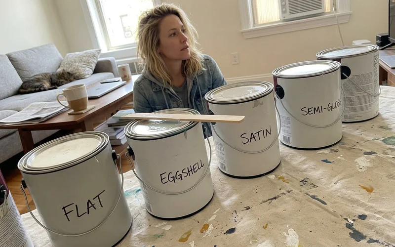 Paint cans with different sheen labels lined up on a drop cloth