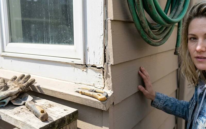 Split, shrunken caulk at a window trim corner on fiber cement siding