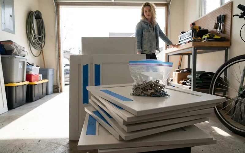 Stack of removed cabinet doors labeled with numbered tape in a garage