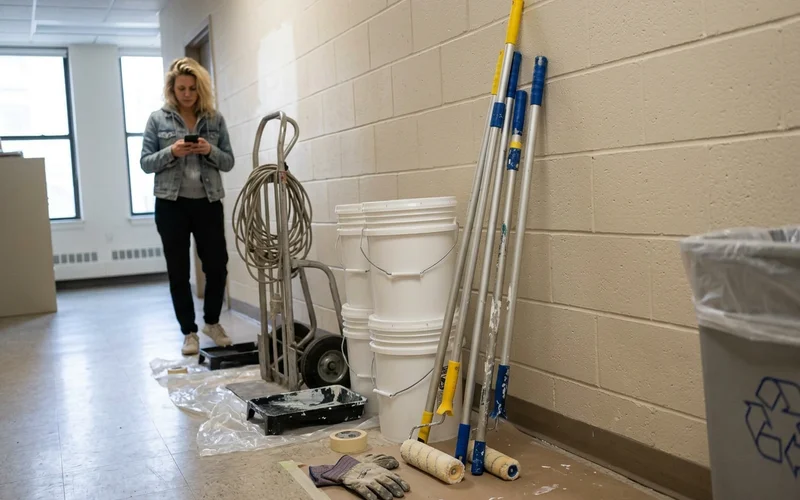 Stacked commercial paint buckets and rollers in a back hallway