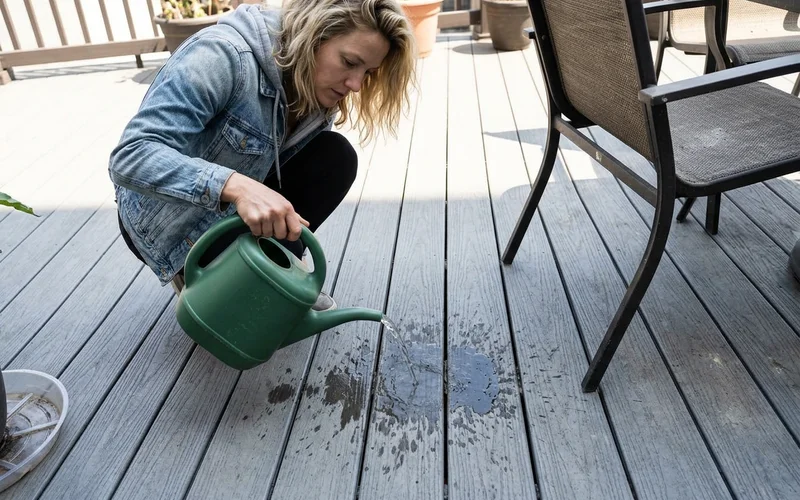 Water soaking into weathered deck boards from a watering can