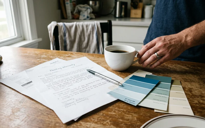 Written painting warranty and invoice on a kitchen table