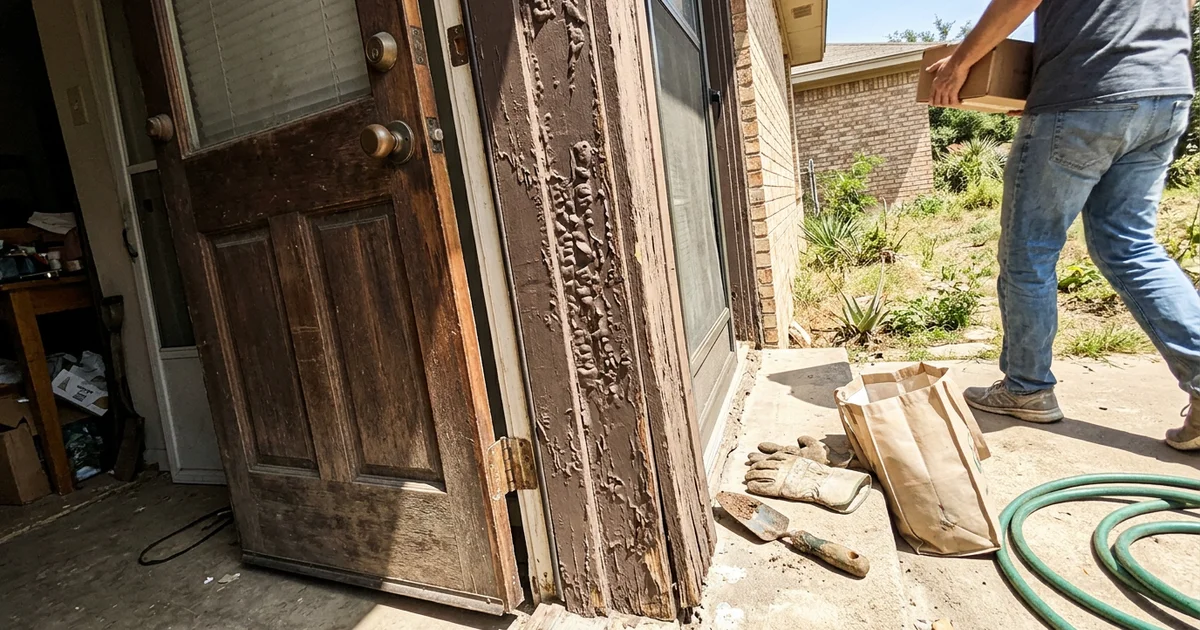 Blistered dark paint on a sun-baked exterior door frame in harsh midday light