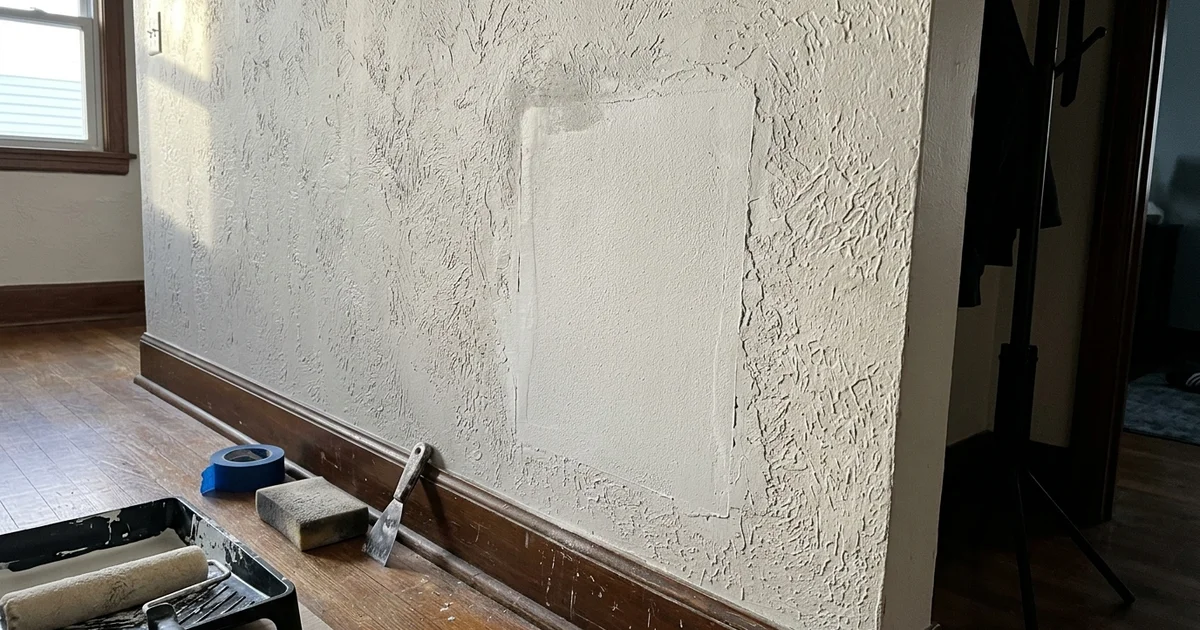 Close-up of knockdown wall texture in raking light beside a fresh patch