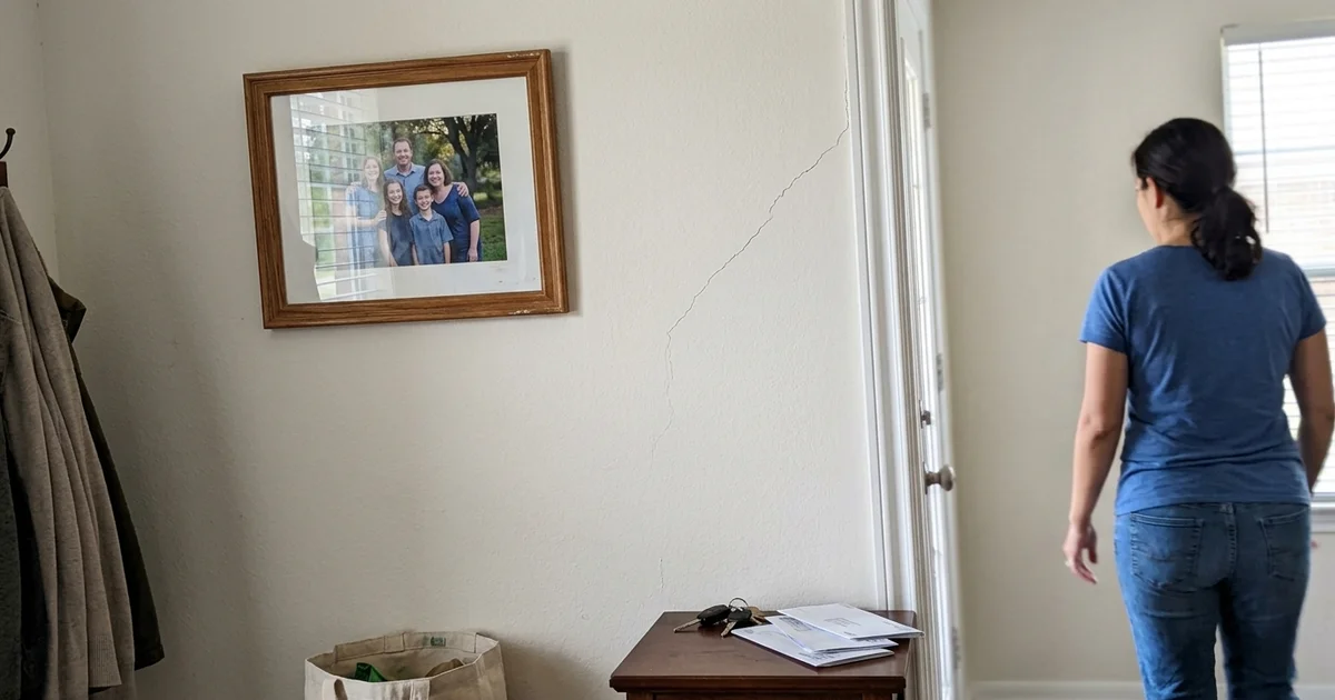 Diagonal hairline crack running from a door corner in a Texas home's drywall