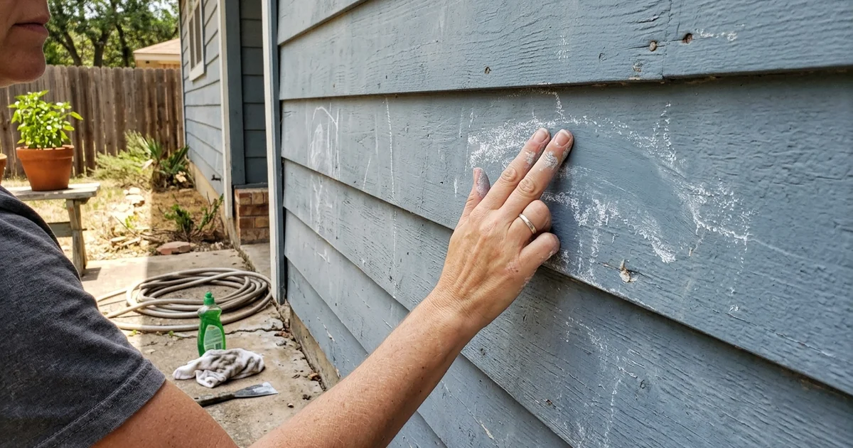 Hand wiping chalky residue from faded paint on a west-facing Texas wall